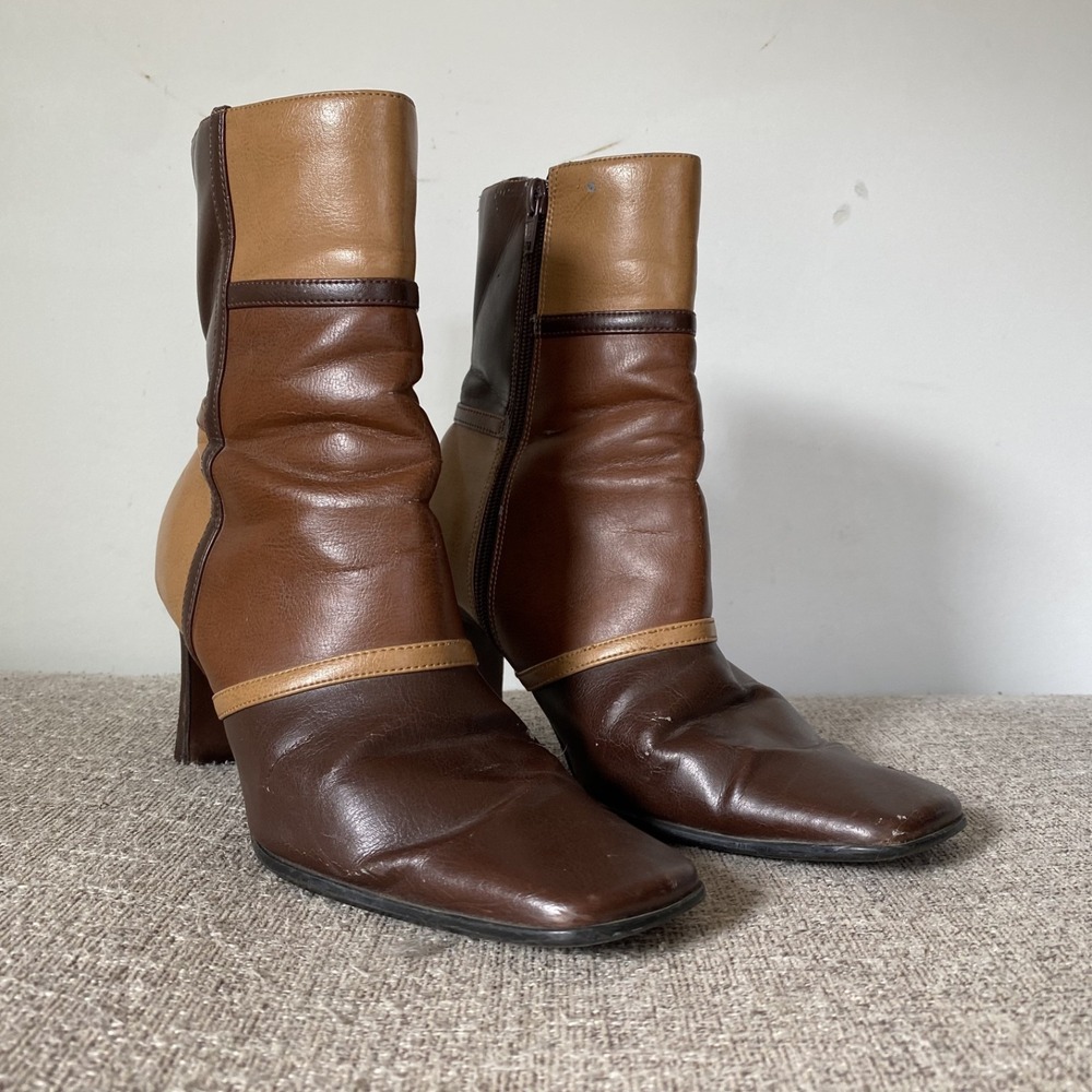 Vintage Y2K Patchwork Faux Leather Booties Boots Size 8M Square Toe Boho Brown